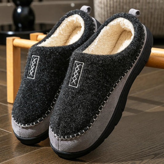 Pantoffels voor heren in wollook met teddy voering en rand met siersteek