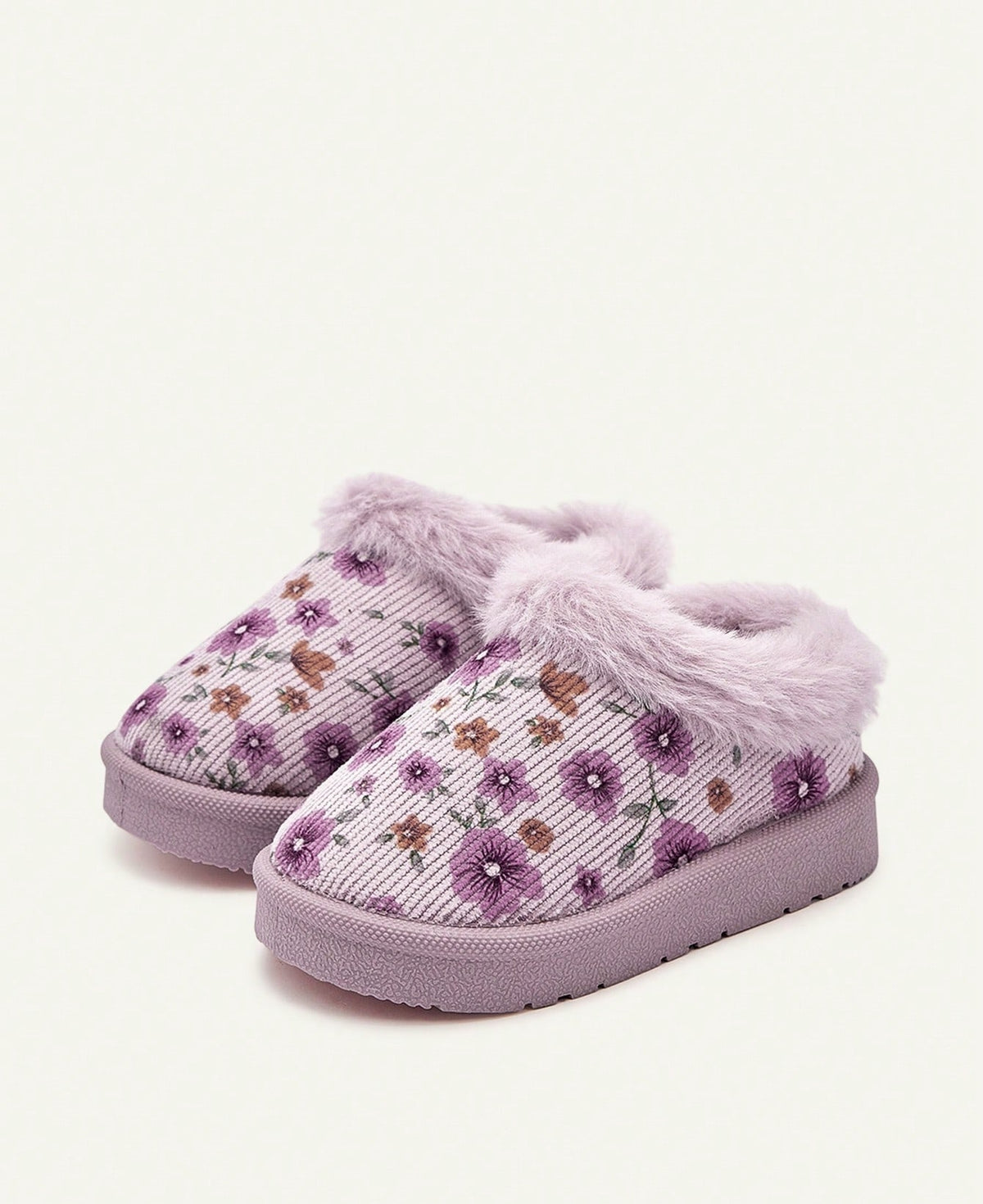 Pantoffels voor meisjes met lila bloemenprint, pluche kraag en stevige zool - lila bloemen
