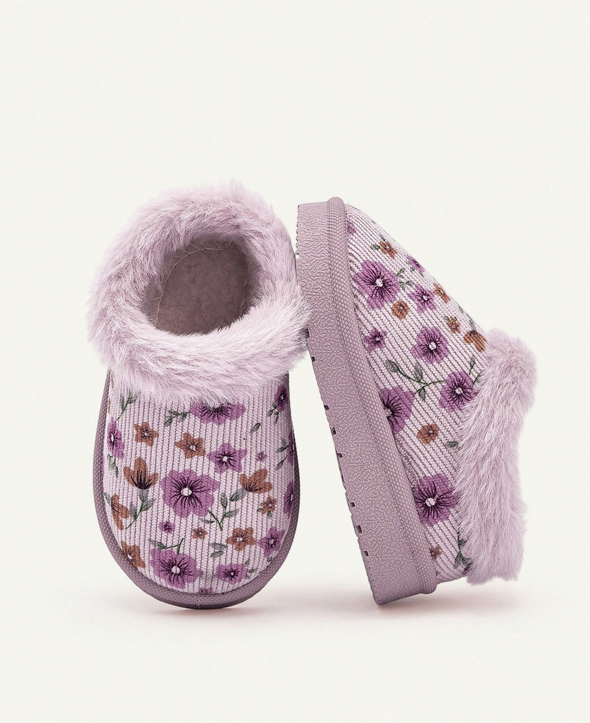 Pantoffels voor meisjes met lila bloemenprint, pluche kraag en stevige zool - beeld 2
