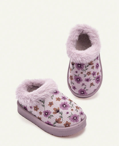 Pantoffels voor meisjes met lila bloemenprint, pluche kraag en stevige zool - beeld 3