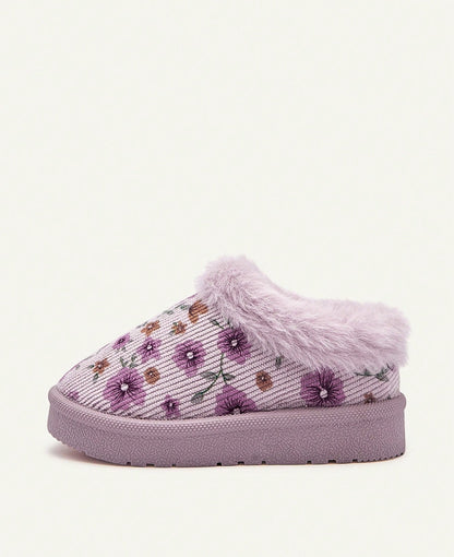 Pantoffels voor meisjes met lila bloemenprint, pluche kraag en stevige zool - beeld 4