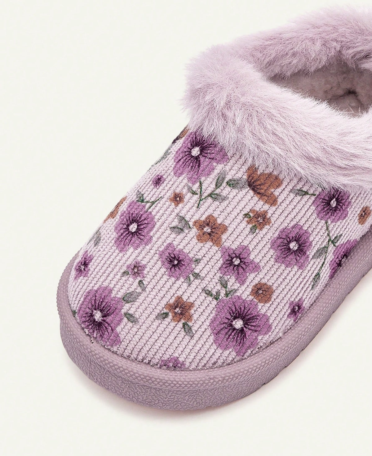 Pantoffels voor meisjes met lila bloemenprint, pluche kraag en stevige zool - beeld 5