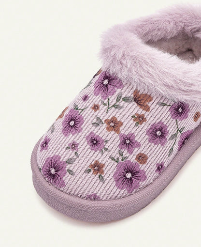 Pantoffels voor meisjes met lila bloemenprint, pluche kraag en stevige zool - beeld 5