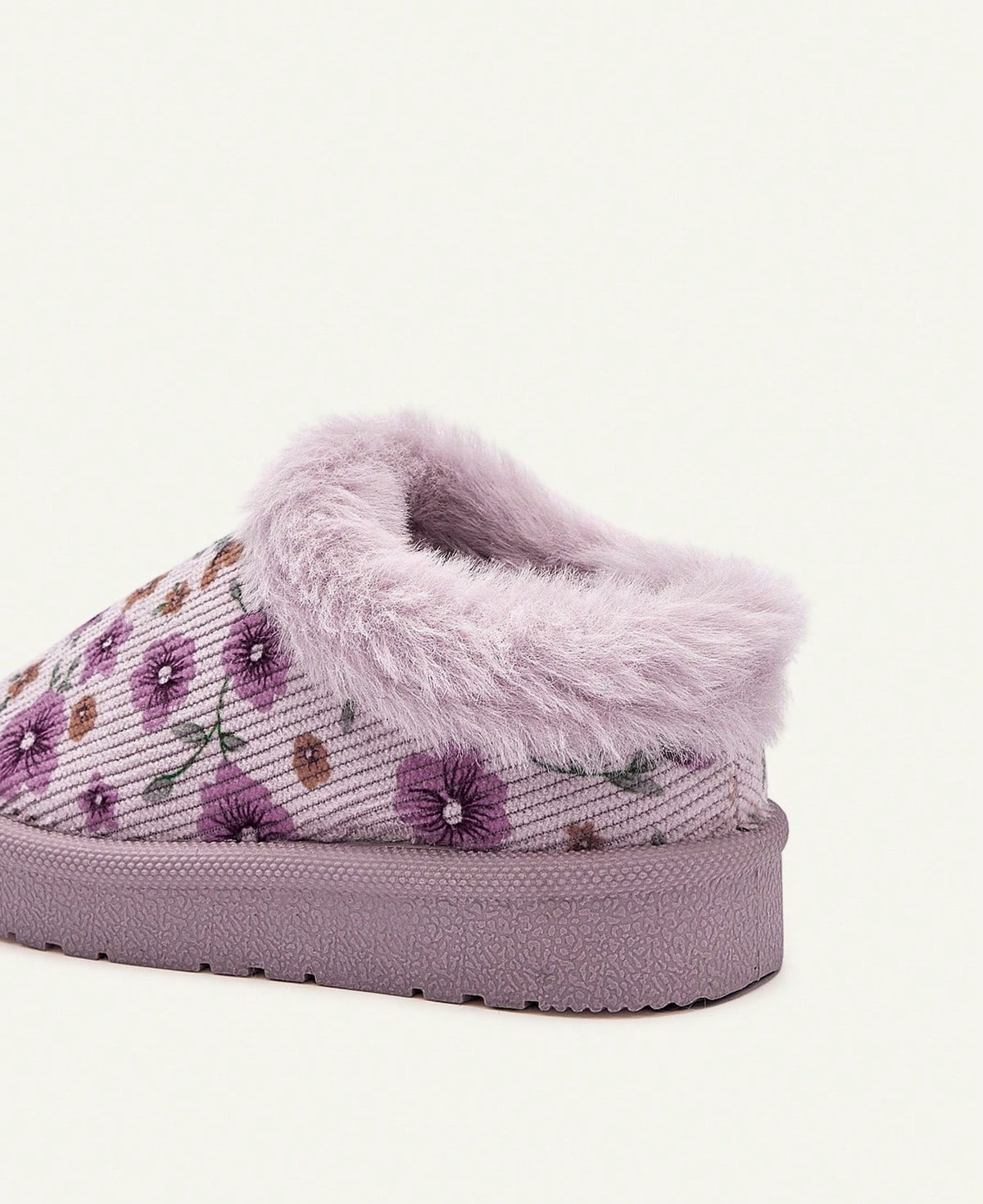 Pantoffels voor meisjes met lila bloemenprint, pluche kraag en stevige zool - beeld 6