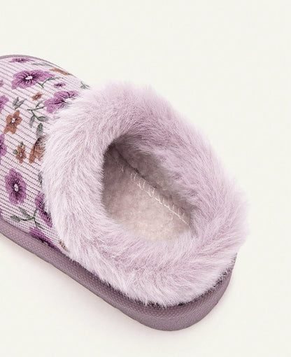 Pantoffels voor meisjes met lila bloemenprint, pluche kraag en stevige zool - beeld 7