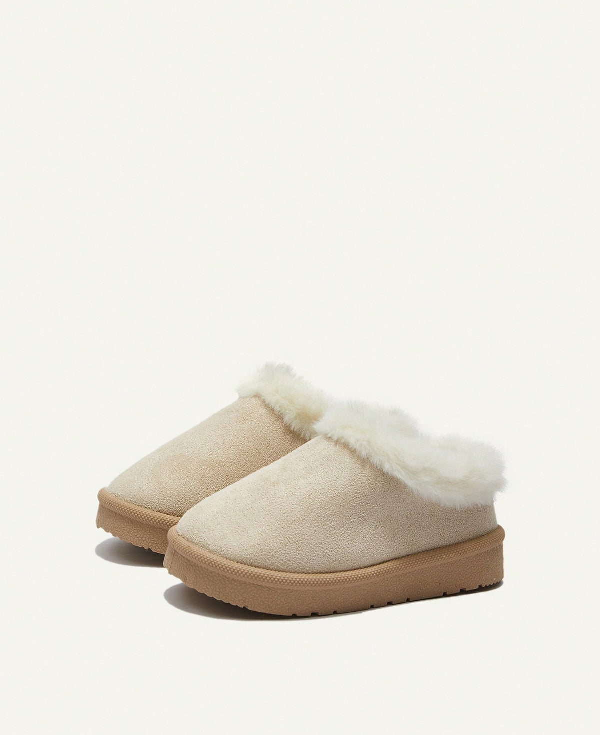 Pantoffels voor meisjes met dikke pluche kraag, pluche voering en stevige zool - beige