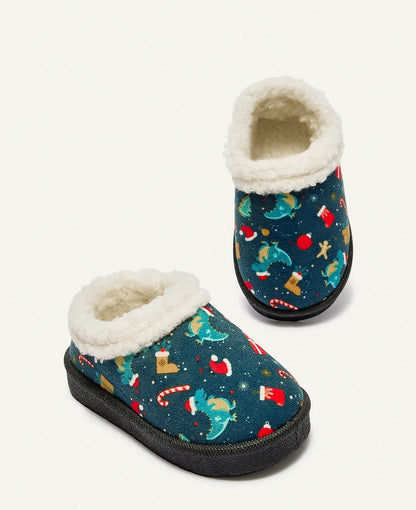 Pantoffels voor meisjes met dikke pluche kraag, pluche voering en stevige zool - kerstmotief