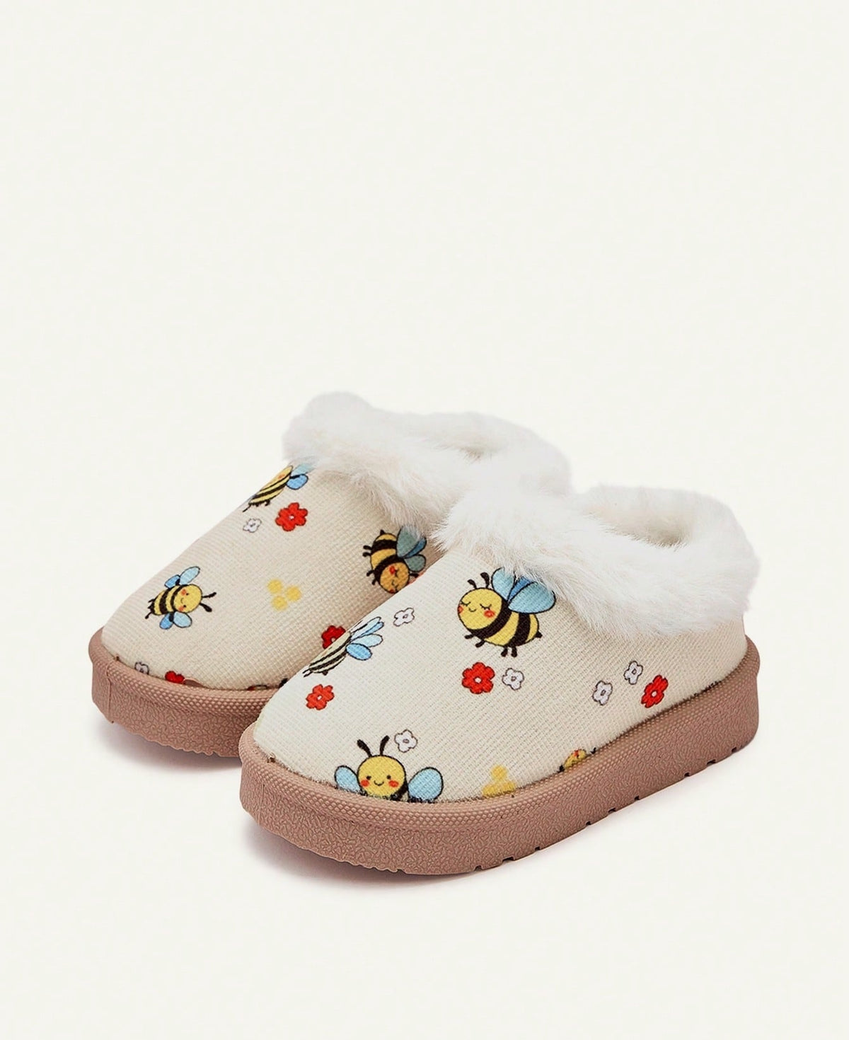 Pantoffels voor meisjes met dikke pluche kraag, pluche voering en stevige zool - bijtjes