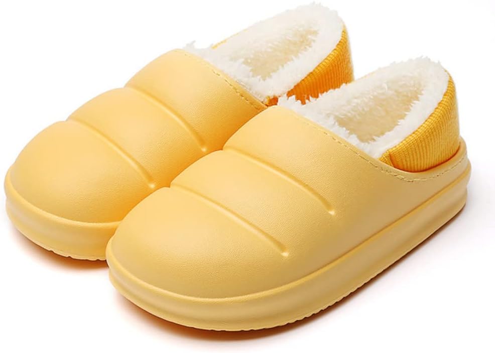 Pantoffels met gladde bovenkant in pufferlook, pluche voering en dikke zool - geel, geribde hiel