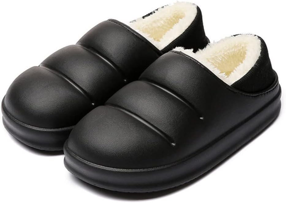 Pantoffels met gladde bovenkant in pufferlook, pluche voering en dikke zool - zwart, geribde hiel