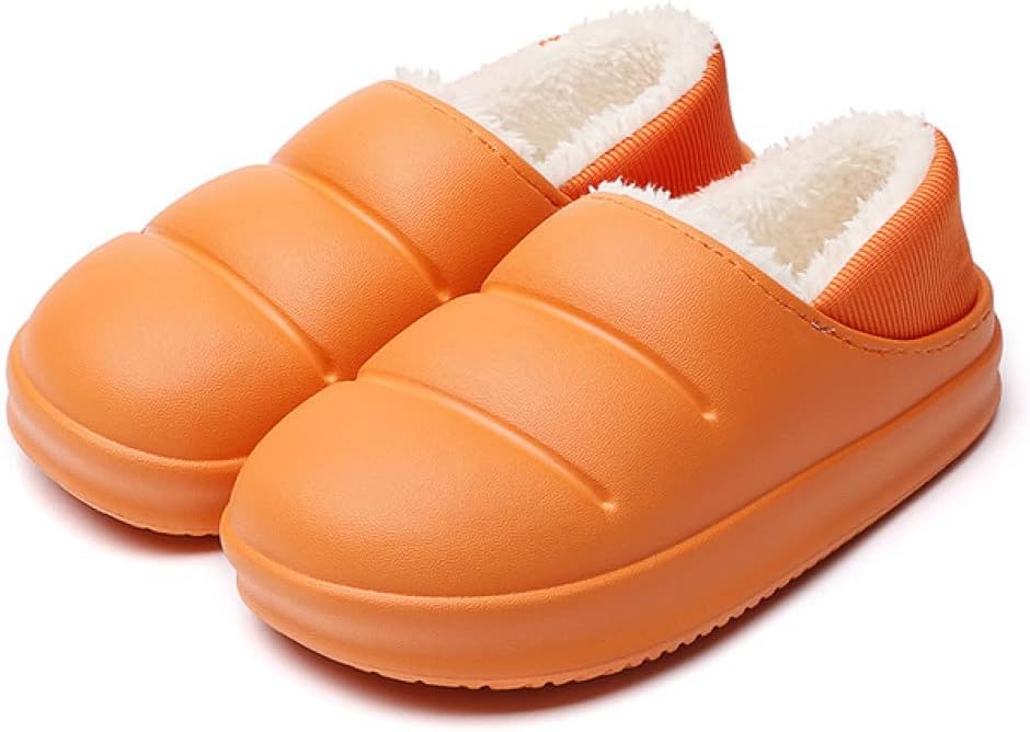 Pantoffels met gladde bovenkant in pufferlook, pluche voering en dikke zool - oranje, geribde hiel