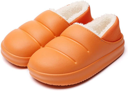 Pantoffels met gladde bovenkant in pufferlook, pluche voering en dikke zool - oranje, geribde hiel
