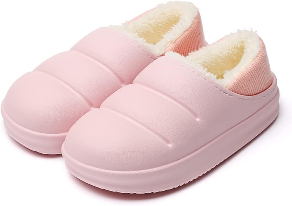 Pantoffels met gladde bovenkant in pufferlook, pluche voering en dikke zool - roze, geribde hiel