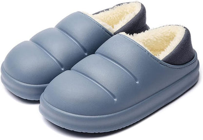Pantoffels met gladde bovenkant in pufferlook, pluche voering en dikke zool - grijsblauw, geribde hiel