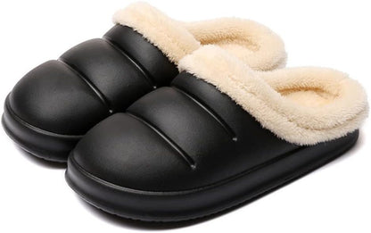 Pantoffels met gladde bovenkant in pufferlook, pluche voering en dikke zool - zwart, pluche kraag