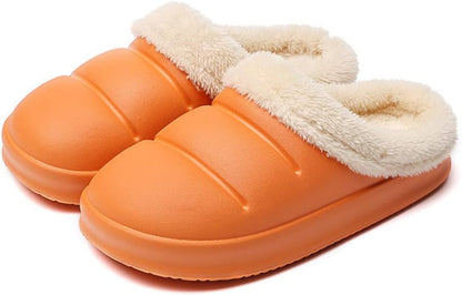 Pantoffels met gladde bovenkant in pufferlook, pluche voering en dikke zool - oranje, pluche kraag