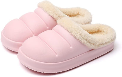 Pantoffels met gladde bovenkant in pufferlook, pluche voering en dikke zool - roze, pluche kraag