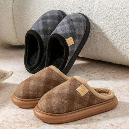 Pantoffels met geruite bovenkant, teddy voering, rand in suède look en open hiel - beeld 2