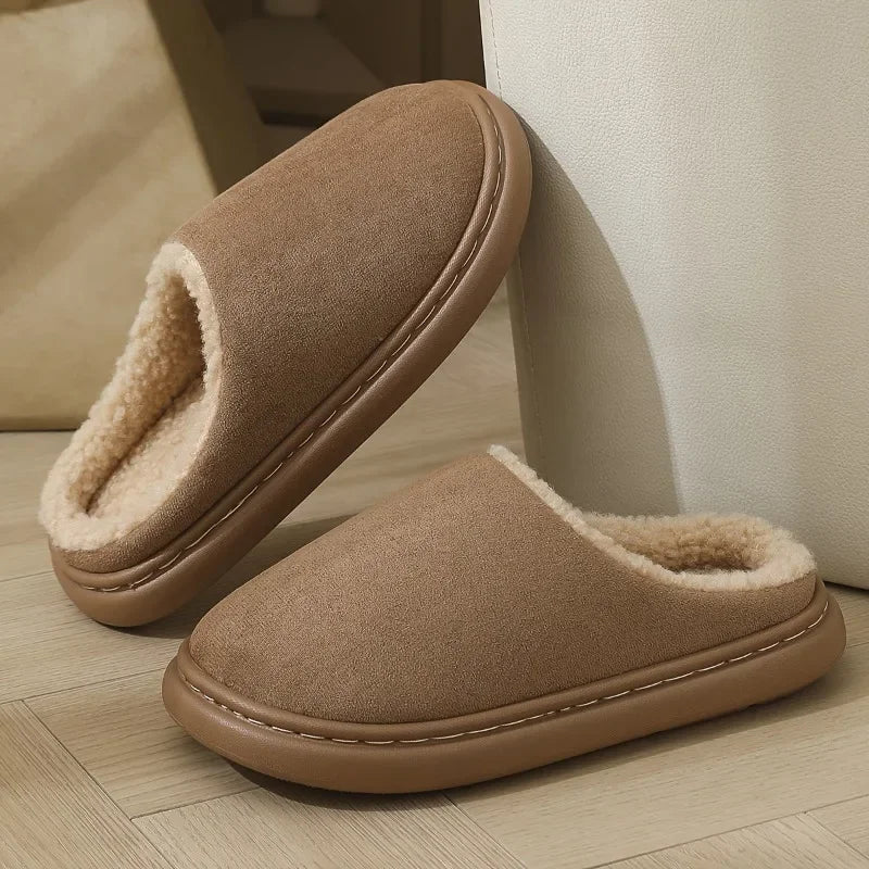 Pantoffels in suède look met teddy voering, open hiel en rubberen zool - taupe