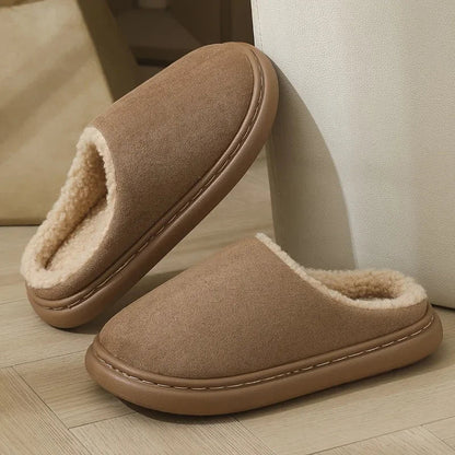 Pantoffels in suède look met teddy voering, open hiel en rubberen zool - taupe