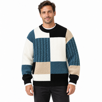 Gebreide patchwork herentrui met kabel- en ribvlakken