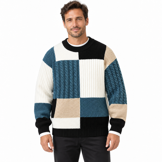 Gebreide patchwork herentrui met kabel- en ribvlakken