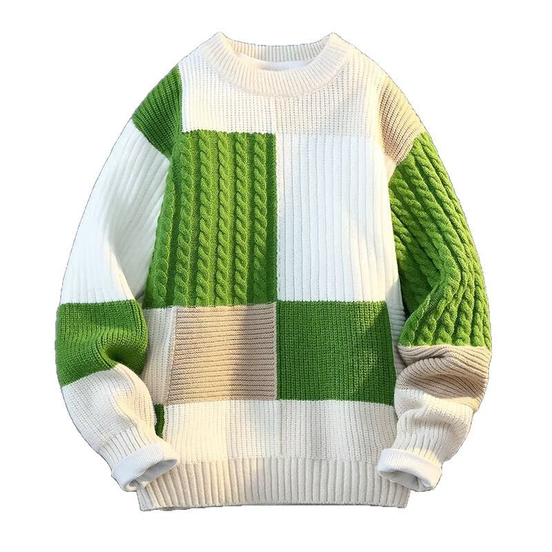 Gebreide patchwork herentrui met kabel- en ribvlakken - groen