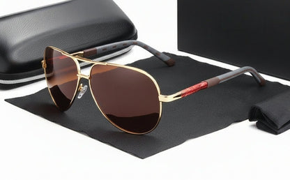 Pilotenzonnebril voor heren met druppelvormige glazen, dun metalen montuur en dubbele brug - bruin/goud