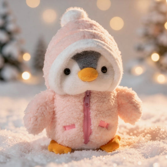 Pinguïnknuffel van 25 cm met jasje en capuchon - roze