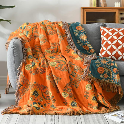 Plaid van katoengaas met bloemenprint en franjes