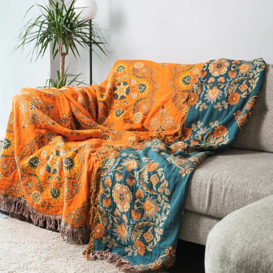 Plaid van katoengaas met bloemenprint en franjes - beeld 2