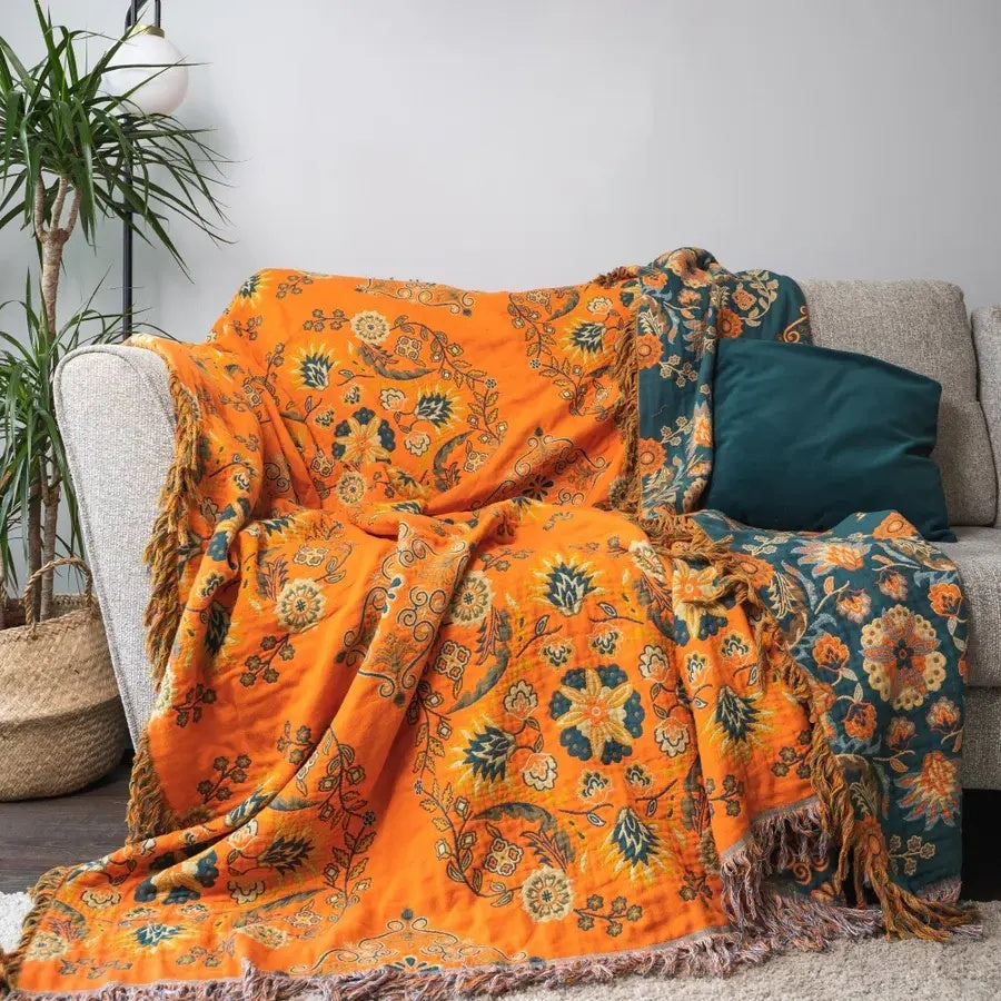 Plaid van katoengaas met bloemenprint en franjes - beeld 3