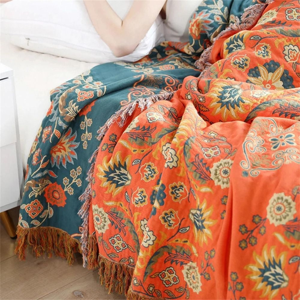 Plaid van katoengaas met bloemenprint en franjes - beeld 4