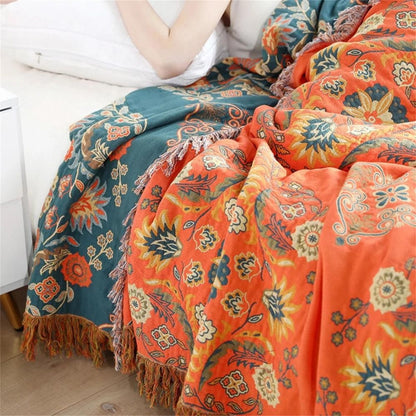 Plaid van katoengaas met bloemenprint en franjes - beeld 4
