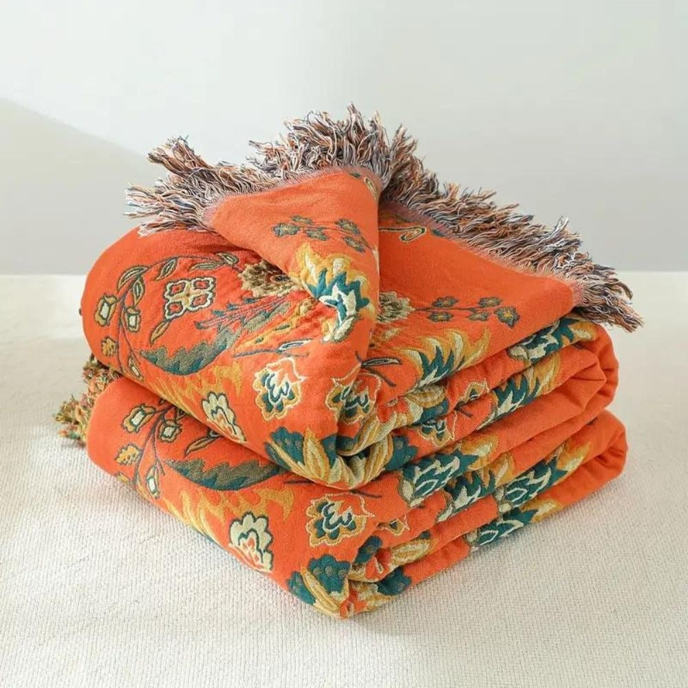 Plaid van katoengaas met bloemenprint en franjes - beeld 6