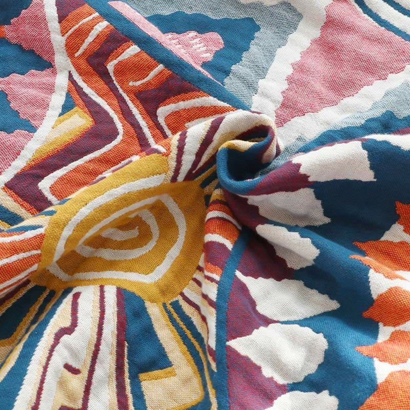Geweven plaid met kleurrijk zonnenpatroon en oranje rand - beeld 8