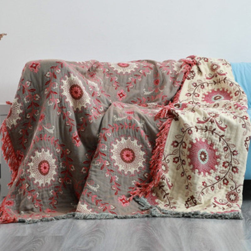 Dubbelzijdige katoenen plaid met medaillonpatroon en franjes - grijs-rood
