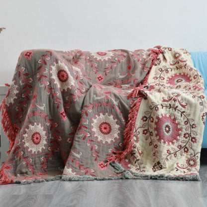 Dubbelzijdige katoenen plaid met medaillonpatroon en franjes - grijs-rood