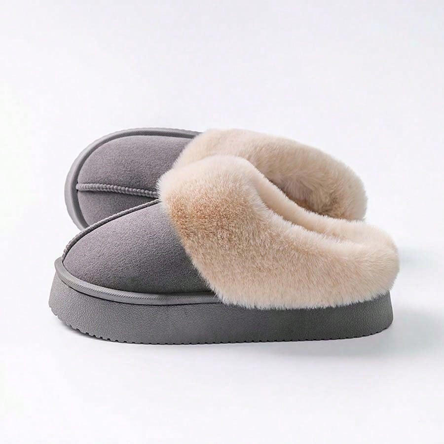 Plateau pantoffels voor dames in suède look met brede omgeslagen pluche kraag en dikke zool - grijs