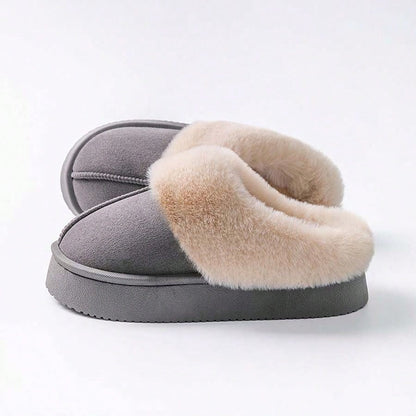 Plateau pantoffels voor dames in suède look met brede omgeslagen pluche kraag en dikke zool - grijs