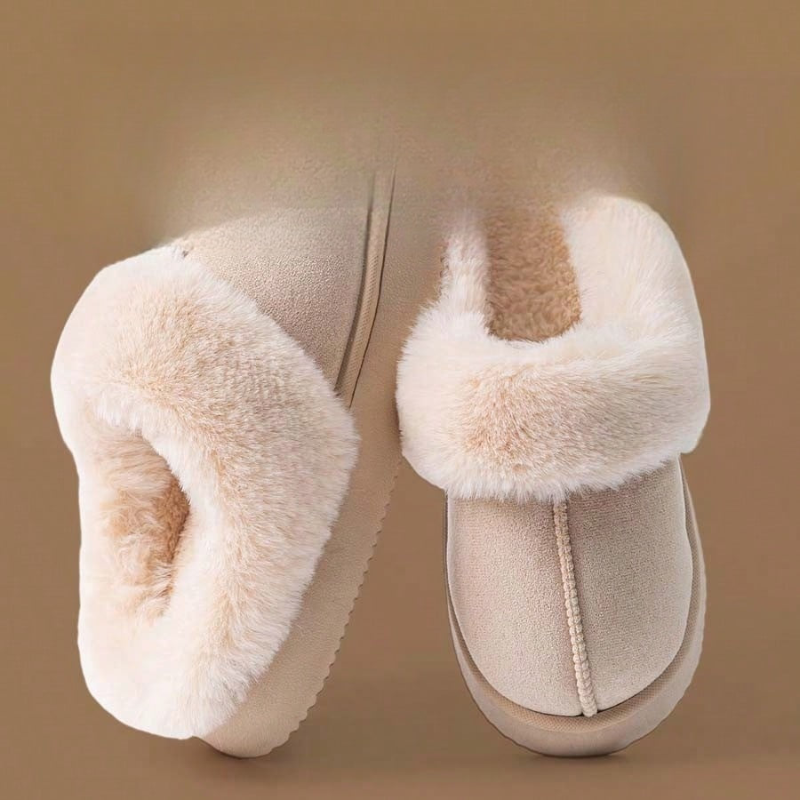 Plateau pantoffels voor dames in suède look met brede omgeslagen pluche kraag en dikke zool - crème