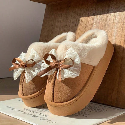 Plateau pantoffels voor dames in suède look met brede omgeslagen pluche kraag en dikke zool - camel met strik