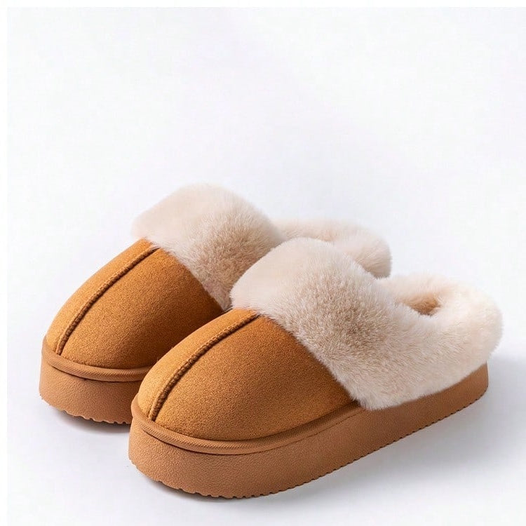 Plateau pantoffels voor dames in suède look met brede omgeslagen pluche kraag en dikke zool - camel