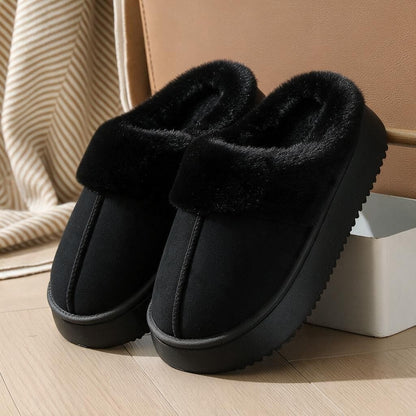 Plateau pantoffels voor dames in suède look met brede omgeslagen pluche kraag en dikke zool - zwart