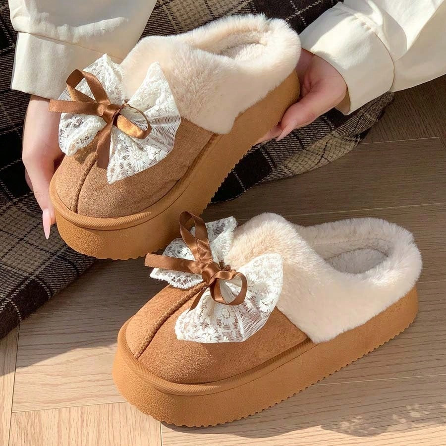 Plateau pantoffels voor dames in suède look met brede omgeslagen pluche kraag en dikke zool - beeld 8