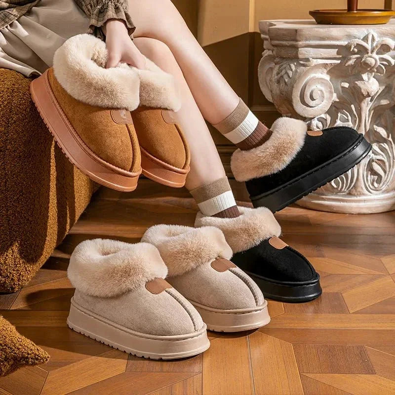 Plateau pantoffels in suède look met omgeslagen kraag van imitatiebont en dikke rubberen zool - beeld 2