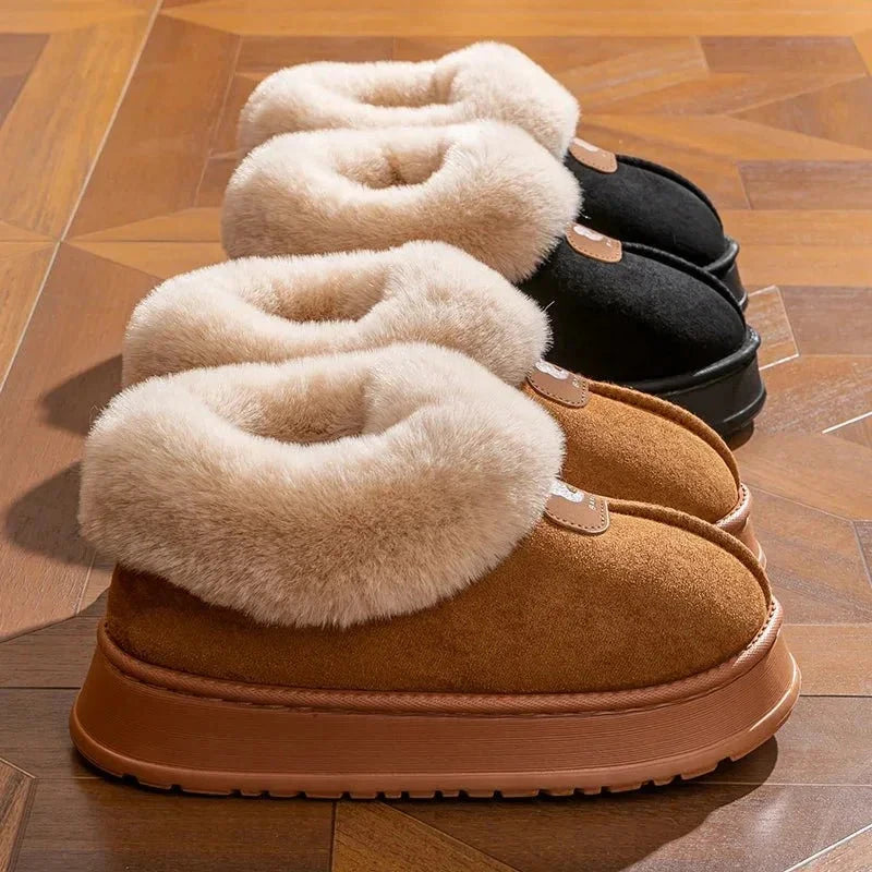 Plateau pantoffels in suède look met omgeslagen kraag van imitatiebont en dikke rubberen zool - beeld 3