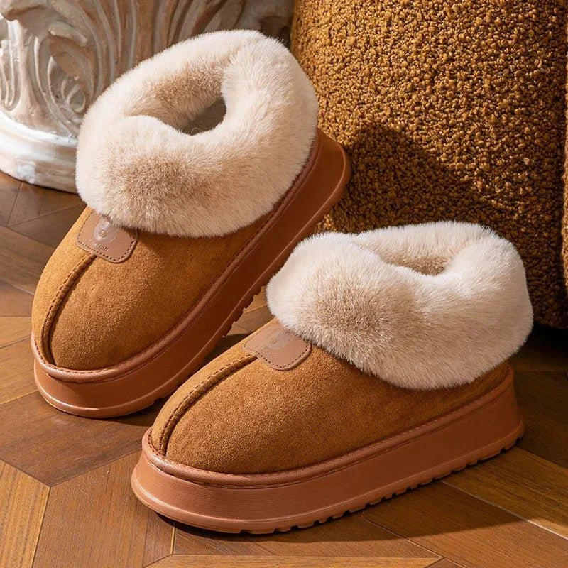Plateau pantoffels in suède look met omgeslagen kraag van imitatiebont en dikke rubberen zool - beeld 4