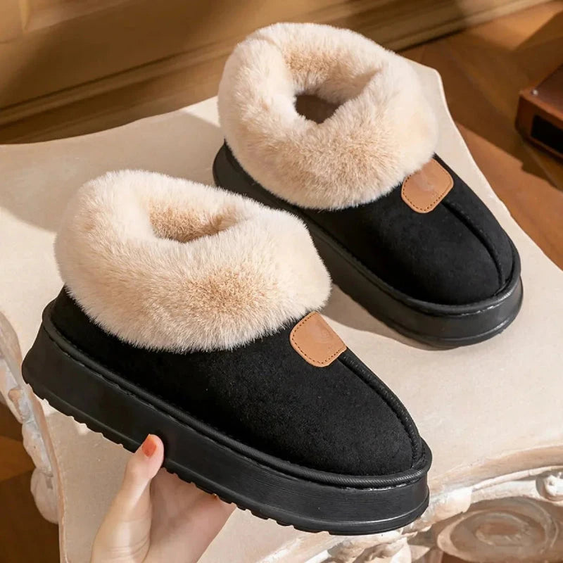 Plateau pantoffels in suède look met omgeslagen kraag van imitatiebont en dikke rubberen zool - zwart