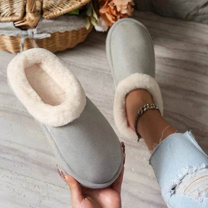 Plateau pantoffels voor dames in suède look met pluche rand en dikke profielzool - lichtgrijs